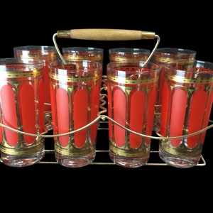 Fred Press Signed Barware Set of 8 Glasses & Carrier Caddy ~ Mid Century Modern Red Stripes 22K Gold Highball Glassware ~ VintageSouthwest