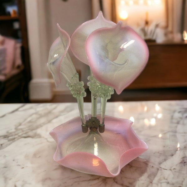 Victorian Glass Epergne ~ Antique Pink, Pearl, Blue & Clear Glass Arum Flowers ~ 13" Handblown Glass Centerpiece Vase ~ VintageSouthwest