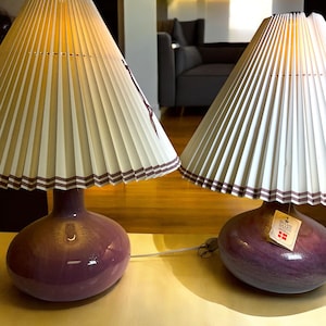 Danish Glass Table Lamp Pair with Shades ~ 15&quot; Holmegaard Troll 2 by Sidse Werner Lamps ~ Hand Blown Glass Base ~ Scandinavian Modern Decor