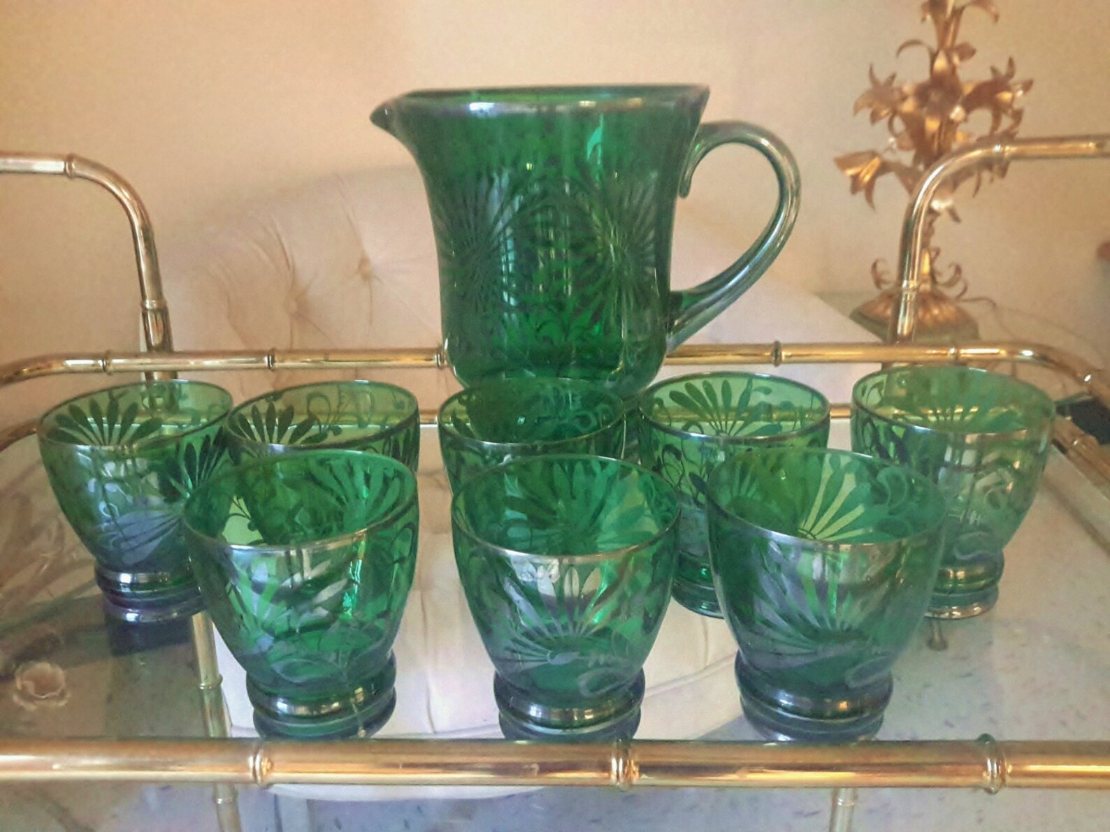 Silver Overlay Glass Pitcher Set 8 Glasses Green Made in Italy Etsy