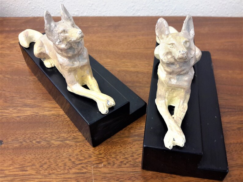Art Deco Dog Bookends Marble Base Cast Metal Painted German Etsy