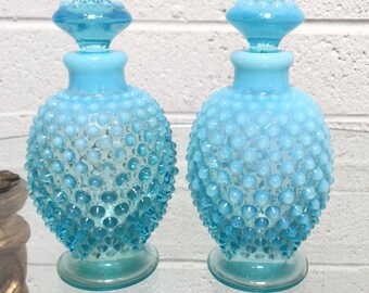 Fenton Glass Hobnail Blue Opalescent Perfume Bottle Pair ~ Mid Century Glass ~ Vanity Perfume Jars ~ USA Made Glass ~ Vintagesouthwest