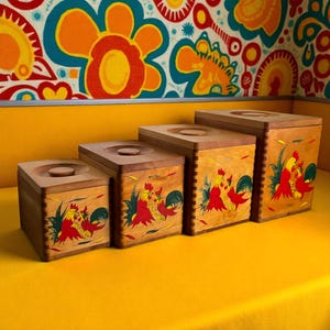 Wooden Rooster Canister Set of 4 w Lids ~ Mid Century Nesting Canisters Storage Boxes ~ Hand Painted Chickens ~ Rustic Farmhouse Kitchen