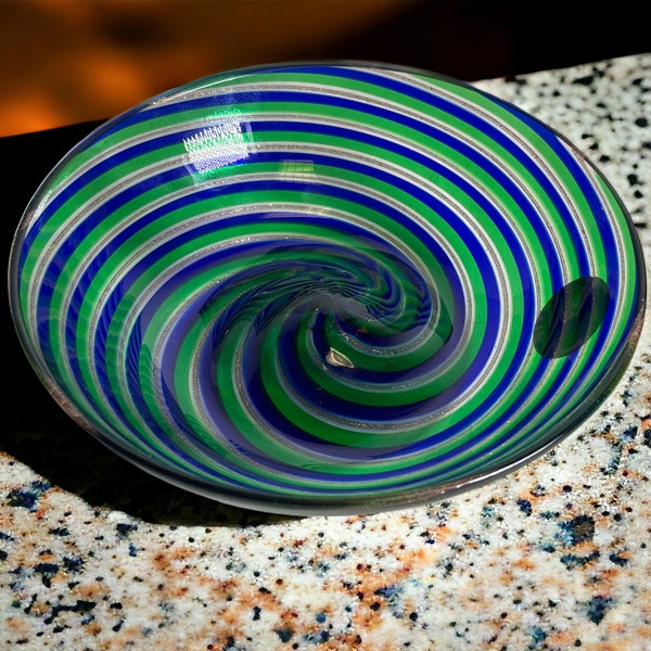 Murano Glass Bowl Blue Green Spiral w Gold Fleck ~ Vintage Bucella Cristalli Murano 1 1/4" x 4 1/4" Glass Bowl ~ Made in Italy ~ DMT