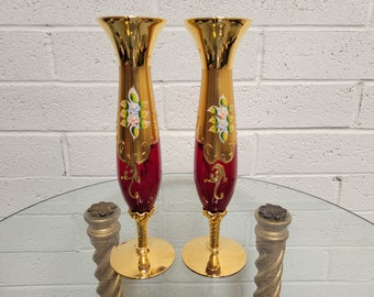 Venetian Bohemian Glass Vase Pair ~ 24K Gold Enameled Flowers ~ Italian Blown Glass ~ 11" Tall ~ Vintagesouthwest
