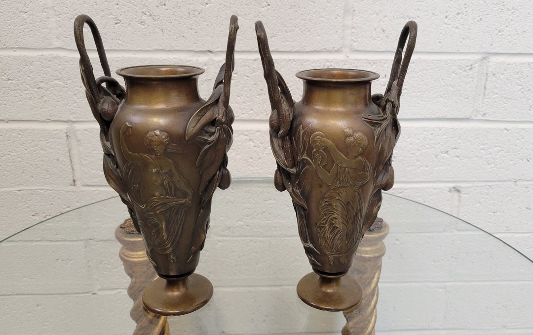 Antique French Bronze Urn Pair 1800s Bronze Urn Vases Neoclassical