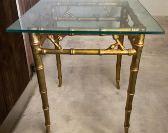 Phyllis Morris Style Gilt Faux Bamboo Table w Glass Top ~ Vintage 22" x 20" Side Table ~ Hollywood Regency Gilt Cast Metal Accent Table