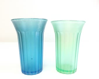 Pair Of Stretch Glass Vases ~ Blue & Green Iridescent Glass ~ Carnival Glass ~ Indoor Garden Decor ~ Light Catcher ~ Vintagesouthwest
