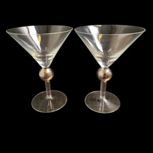 Martini Glasses Silver Ball Stem Pair Vintage 6 1/2 Martini Cocktail Glasses  Clear Crystal Stemware Vintagesouthwest 