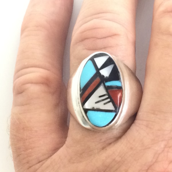 Zuni Native American Inlay MOP Turquoise Jet Coral Sterling Silver Men's Ring Size 12 1/2 US ~ Artisan Signed RB ~ VintageSouthwest 8316