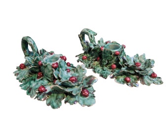 Italian Ceramics Christmas Candlestick Pair ~ Holly & Berry ~ Finger Loop Candle Holder Pair ~ Christmas Holiday Table ~ Vintagesouthwest