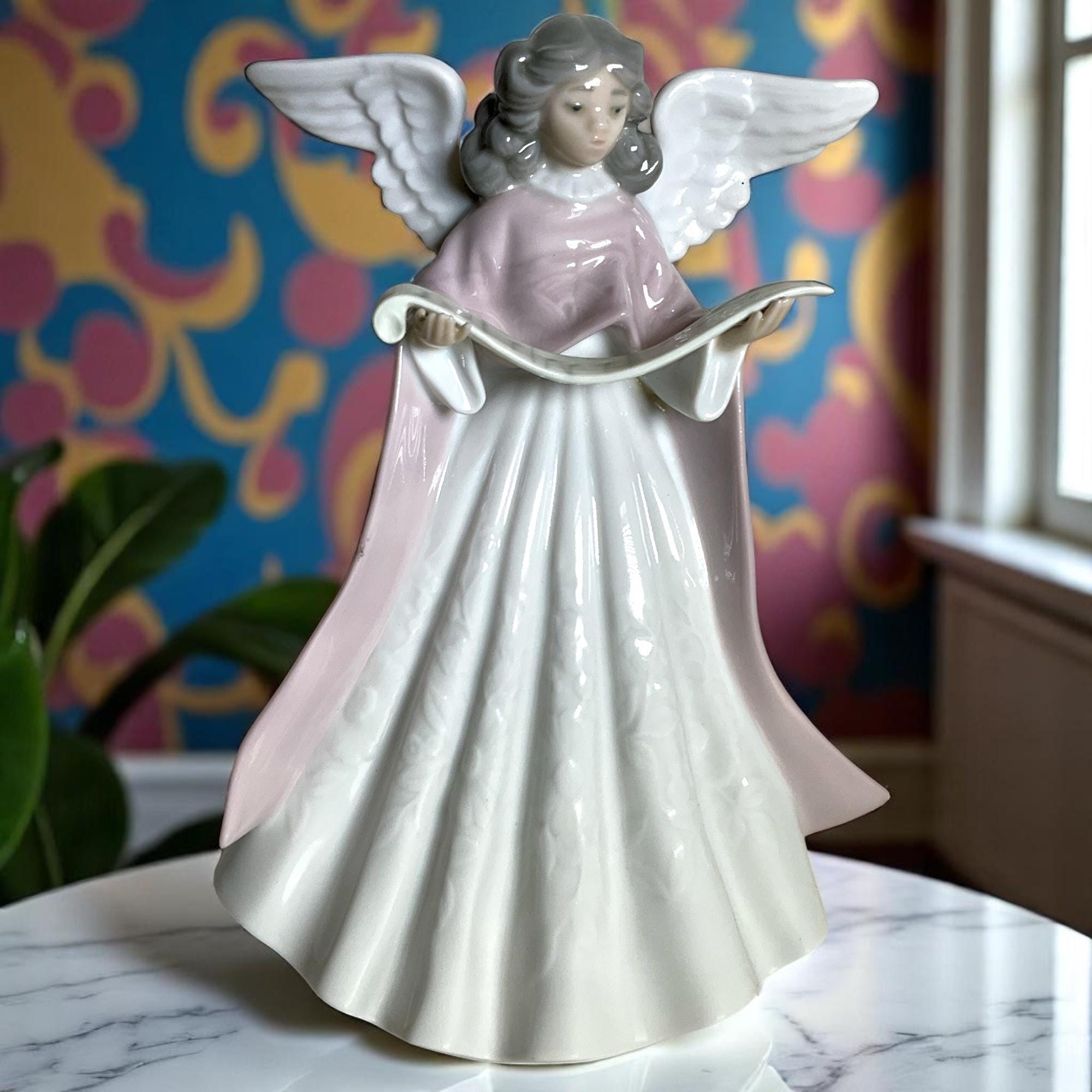Lladro Singing Angel Porcelain Figurine ~ Vintage LLadro #5831 Christmas Decoration ~ Pink White Grey Chorus Angel ~ VintageSouthwest