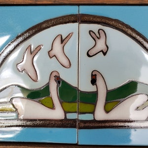 Framed Ceramic Tile Art Swans Wall Hanging Tiles / Framed Tile Artwork / Artist Signed Seubert / Home Decor Artwork / Vintagesouthwest