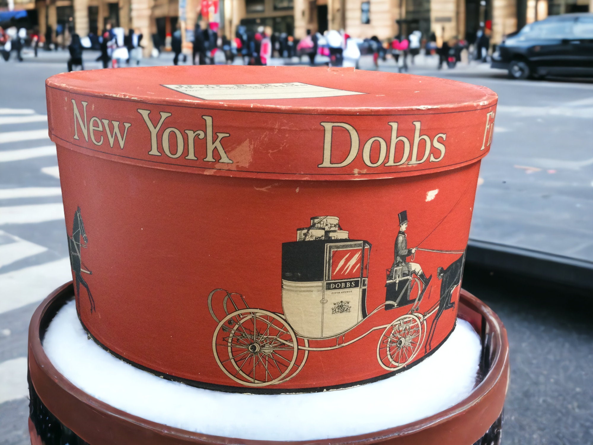 Large Vintage Hatbox, Round Cardboard, Fan Design