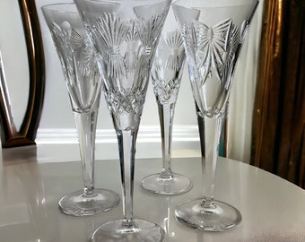 Waterford Crystal Barware Fluted Champagne Set of 4 Millennium Series 9 1/4" ~ Happiness Love Health Prosperity ~ Vintage Luxury Barware