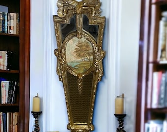 Italian Gilded Mirror French Louis XVI Style Trumeau Pier Mirror ~ Vintage 31 1/2" Ornate Gold Painted Hand Carved Wood Mirror w Painting