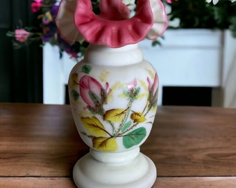Fenton Cased Satin Glass Vase ~ Hand Painted Rose Buds Crimped Edge Top ~ 7 1/2" Vintage Fenton Art Glass Gifts ~ VintageSouthwest