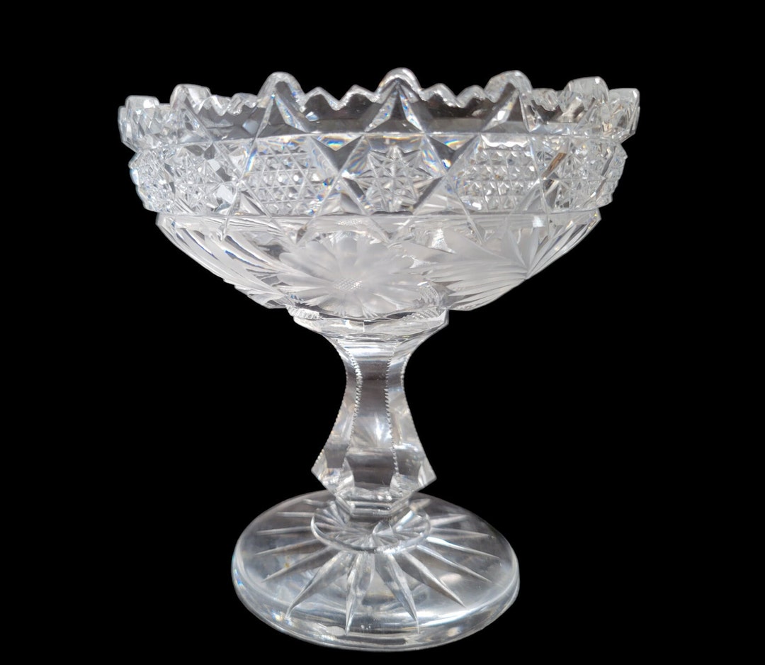 American Brilliant Cut Glass Compote Engraved Flowers Cut Etsy