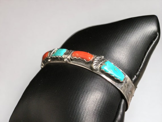 Wayne Cheama Zuni Turquoise & Coral Cuff Bracelet… - image 5
