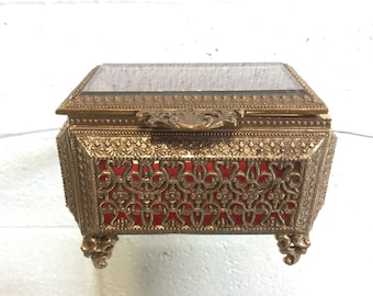 Gold Filigree Footed Jewelry Box ~ Beveled Glass Lid ~ Mid Century Jewelry Storage Box ~ Vanity Dresser Decor Gifts ~ Vintagesouthwest
