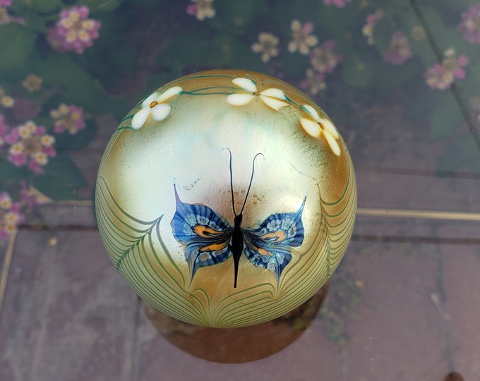 Art Glass Butterfly Paperweight / Iridescent Blown Glass Paperweights