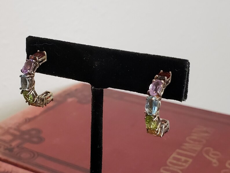 Birthstone Semi Hoop Earrings Sterling Multi Stone Earrings Tourmaline Amethyst Blue Spinel Peridot Vintage Jewelry Vintagesouthwest
