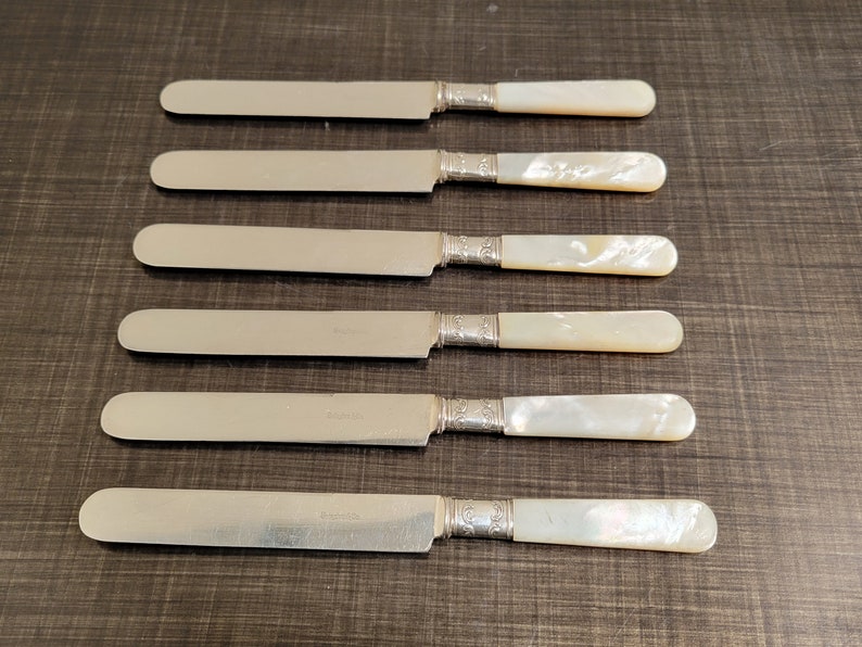 Antique Shreve & Co Mother of Pearl Handle Sterling Silver Butter Knife Set of 6 Antique Cutlery Flatware VintageSouthwest image 6