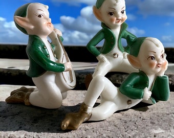 Ceramic Bisque Elves Set of 3 ~ Vintage Pixie Elf Figurines Sitting, Reclining & Playing Guitar ~ Christmas Forest Elves ~ VintageSouthwest
