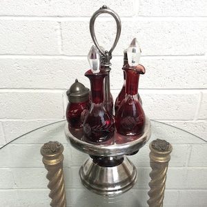 Antique Cut to Clear Ruby Cruet Set ~ Taunton Silver Plate Co ~ 1800s Red Condiment Set ~ Silver Plated Base & Spinner ~ VintageSouthwest