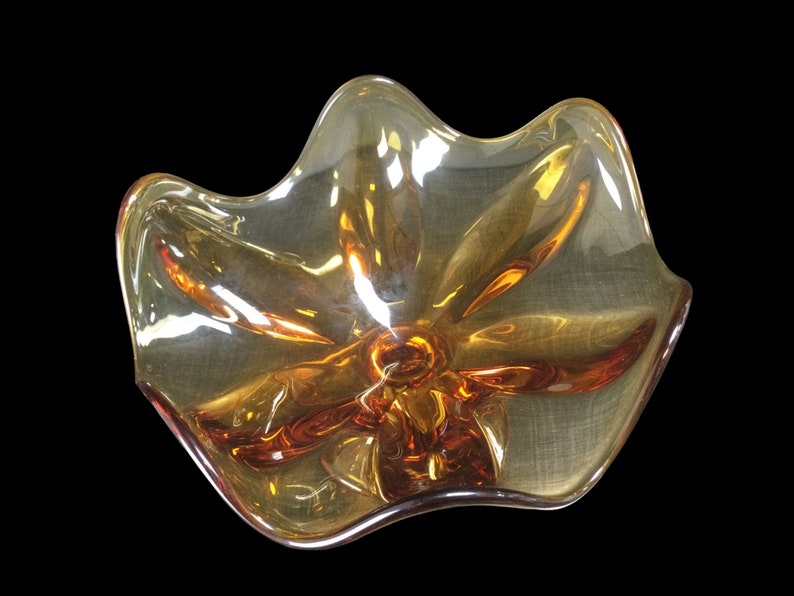 Viking Glass Amber Compote ~ Mid Century Modern 6 Petal Crimped Glass Pedestal Fruit Candy Bowl ~ American Art Glass ~ VintageSouthwest image 3