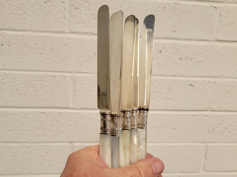 Antique Shreve & Co Mother of Pearl Handle Sterling Silver Butter Knife Set of 6 Antique Cutlery Flatware VintageSouthwest image 9