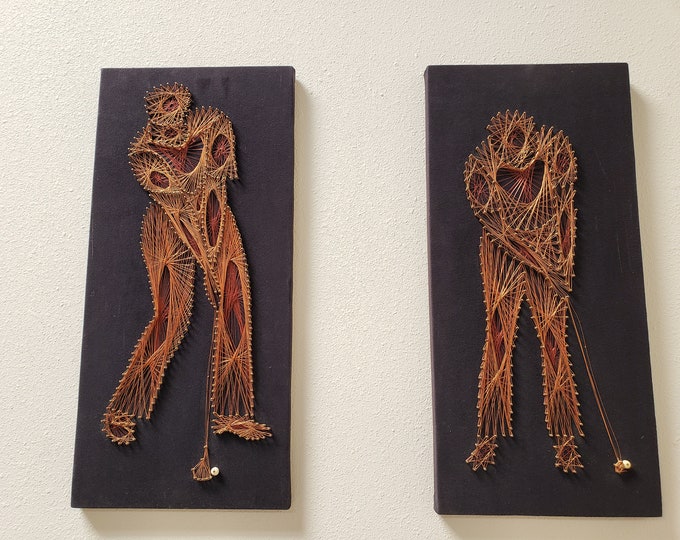 Pair Copper Wire String Art Wall Hanging / 3D Golf Player Wall Art