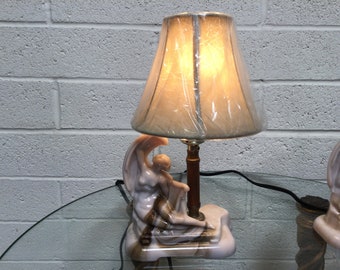 Art Deco Table Lamps & Shades Pair ~ Slag Glass Chocolate Brown Light Brown Base ~ Art Deco Woman Posing w Scarf and Harp ~ VintageSouthwest