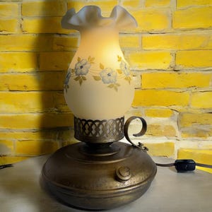 MCM Fenton Lamp Custard Hammered Brass ~ Artist Signed Hand Painted Blue Flowers ~ Colonial Courting Finger Loop Lamp ~ VintageSouthwest