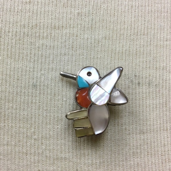 Zuni Inlaid Hummingbird Brooch Jewelry Pin ~ Southwest Jewelry Gifts ~ Turquoise Coral Jet Mop In Sterling Silver ~ Vintagesouthwest DMT