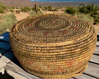 Antique Pima Native American Woven Basket ~ 2 1/2" x 4 1/2" Handcrafted Sweetgrass Basket w Lid ~ Southwestern Decor ~ VintageSouthwest
