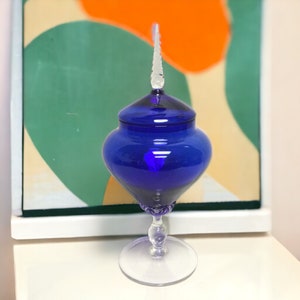 Empoli Glass Apothecary Candy Jar ~ Cobalt Blue & Clear Glass 12&quot; Lidded Jar ~ Mid Century Italian Handblown Glass Decor ~ VintageSouthwest