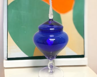 Empoli Glass Apothecary Candy Jar ~ Cobalt Blue & Clear Glass 12" Lidded Jar ~ Mid Century Italian Handblown Glass Decor ~ VintageSouthwest