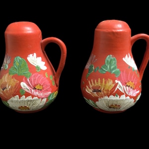 Ransburg Pottery Red Orange Salt & Pepper Shakers Hand Painted Asters Flowers ~Mid Century Kitchenware ~ Made in USA ~ VintageSouthwest