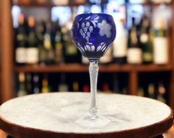 Cut Crystal Barware Wine Glass ~ 8 1/2" Cut to Clear Cobalt Blue Grapes & Leaves Hexagonal Footed Replacement Stemware ~ VintageSouthwest