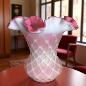 Antique Pink Vase Diamond Quilt Peach Blow ~ Ruffled Top ~ Pink Home Decor ~ 6 1/2&quot; Flower Vase ~ Collectible Vase Gift ~ VintageSouthwest