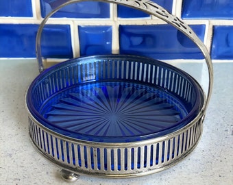 Cobalt Blue Depression Glass Dish w Silver Plate Carrier Basket ~ Vintage Blue Glass Starburst Candy Condiment Dish ~ VintageSouthwest