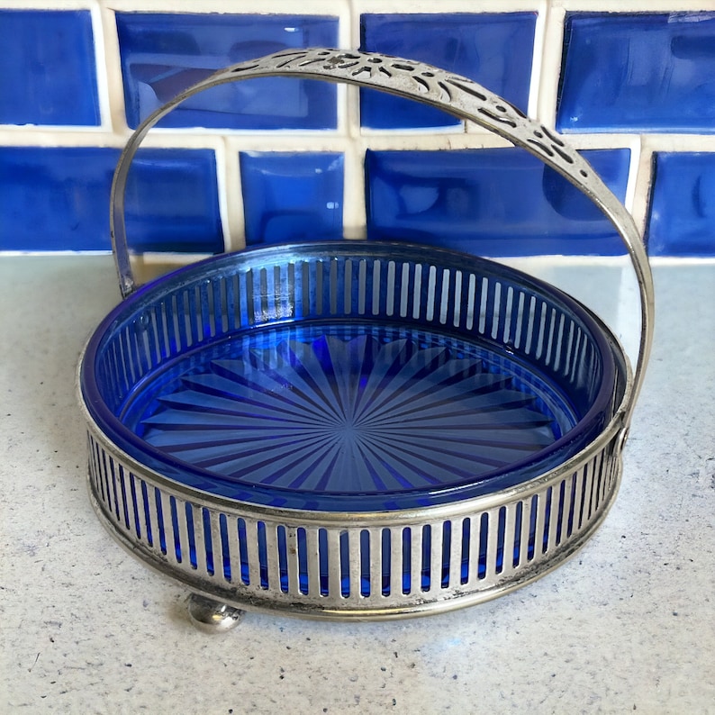 Cobalt Blue Depression Glass Dish w Silver Plate Carrier Basket Vintage Blue Glass Starburst Candy Condiment Dish VintageSouthwest image 1