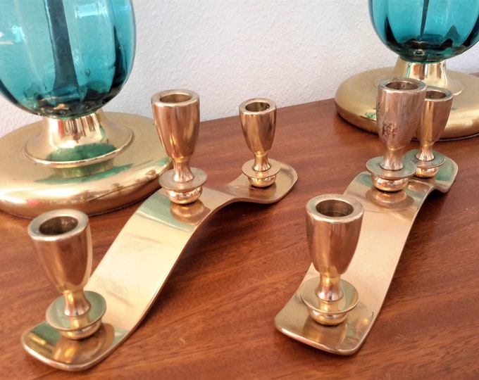 Mid Century Modern Brass Candle Holder Pair 3 Candle / FREE SHIPPING Etsy