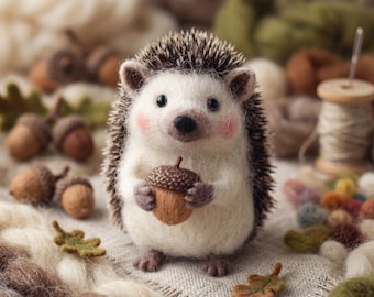 Needle Felted Hedgehog with Acorn, Fall Woodland Decor, Handmade Wool Animal Figurine, Hedgehog Lover Gift, Miniature Forest Animal, Autumn