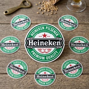 May include: A collection of Heineken Pilsener coasters and a bottle opener on a wooden surface. The coasters are green and white with the Heineken logo and text. A small pile of grains and a glass of beer are also visible.