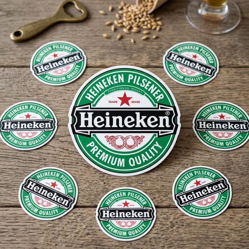 May include: A collection of Heineken Pilsener coasters and a bottle opener on a wooden surface. The coasters are green and white with the Heineken logo and text. A small pile of grains and a glass of beer are also visible.