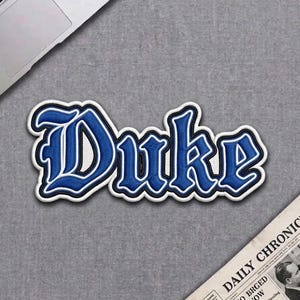 Duke Blue Devils Iron On Patch, Duke University Embroidered Badge, Blue Gothic Script Sew On Badge, Basketball Fan Gift