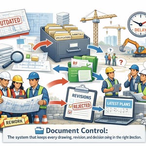 Puede incluir: Ilustración del control de documentos de construcción. La imagen muestra planos, archivadores y trabajadores de la construcción. Se muestra el proceso de revisiones, rechazos y planos obsoletos. Un reloj indica un retraso y el texto dice "Document Control".