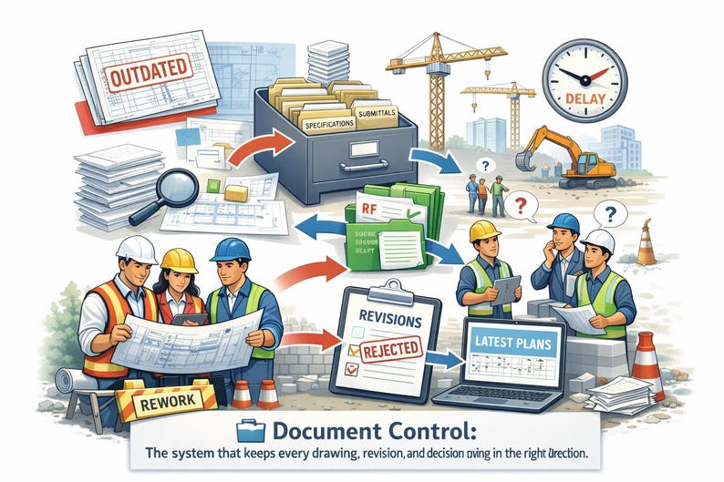 May include: An illustration depicting construction document control. The image shows blueprints, file cabinets, and construction workers. The process of revisions, rejections, and outdated plans is shown. A clock indicates a delay, and the text reads "Document Control".